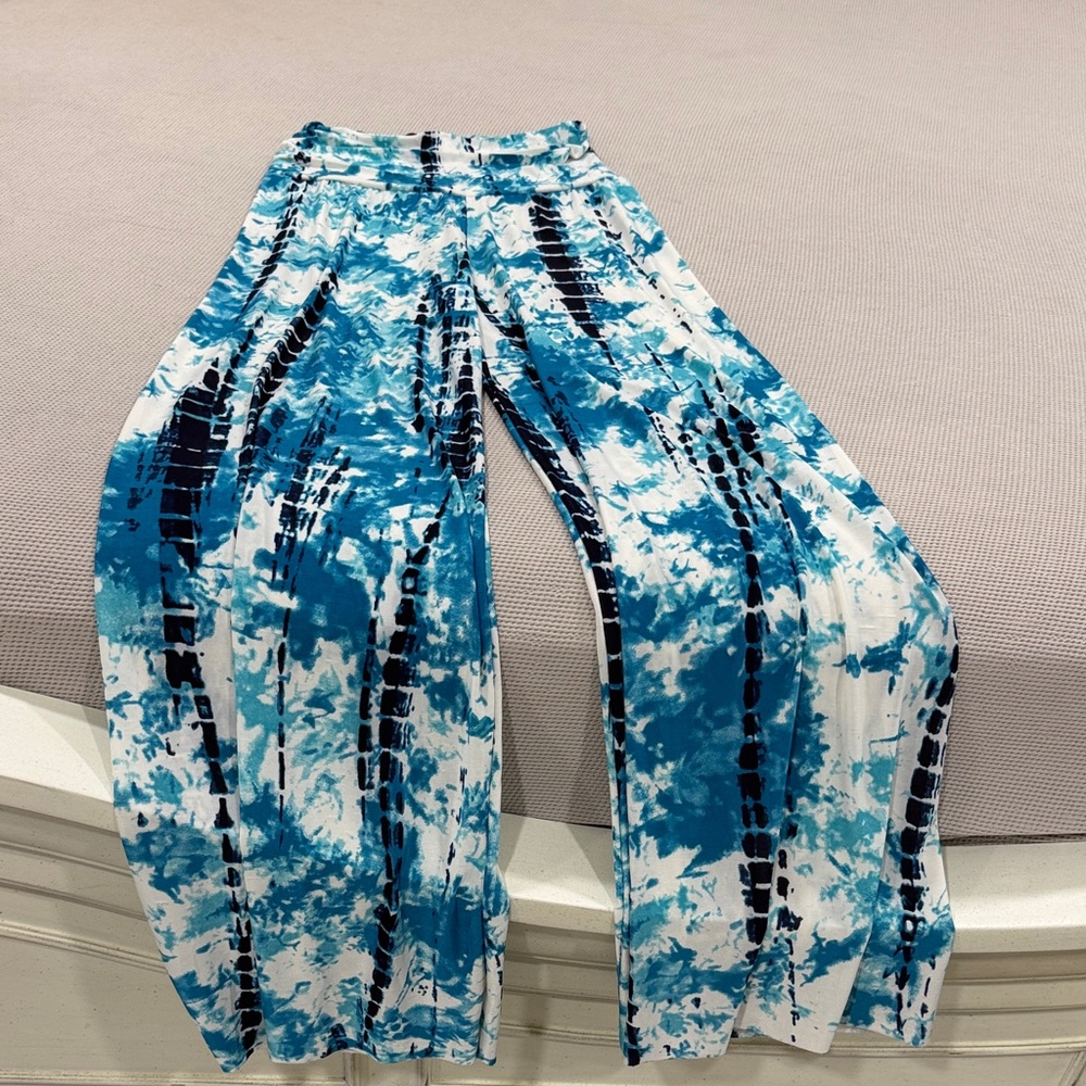 Blue and White Tie-Dye Wide-Leg Pants